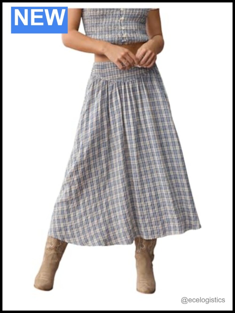Women's Gingham Midi Skirt Smocked Elastic Waist Vintage Flowy A Line